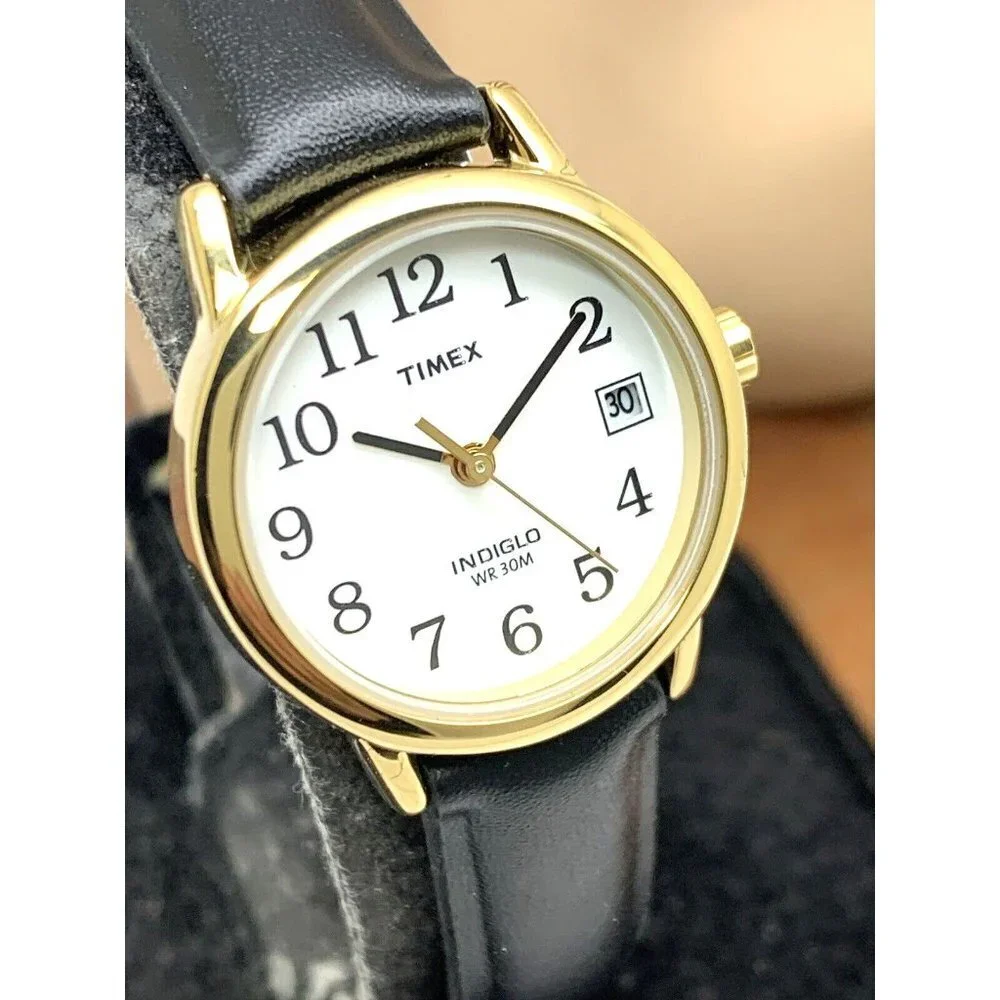 Timex Women's Watch T2H341 Indiglo Quartz Black Leather Band Petite Date 25mm